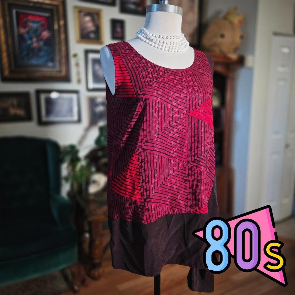 Carol Katt Silk Blouse Vintage 80s Geometric Red Black Sleeveless Top Side Tie S